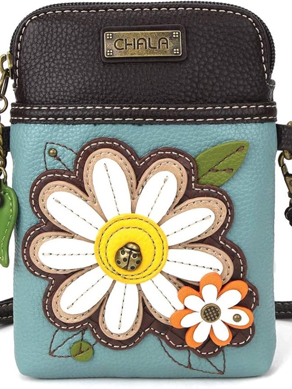 Chala Teal Crossbody Bag with White Daisy and Yellow Center
